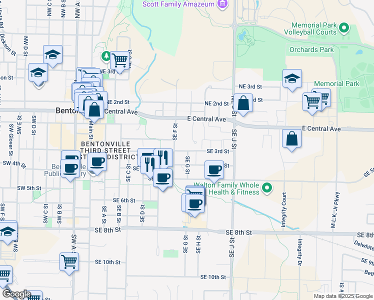 map of restaurants, bars, coffee shops, grocery stores, and more near 805 Southeast 4th Street in Bentonville
