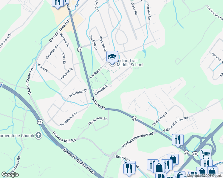 map of restaurants, bars, coffee shops, grocery stores, and more near 1-A Car-Mol Drive in Johnson City