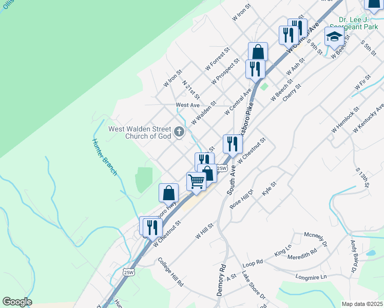 map of restaurants, bars, coffee shops, grocery stores, and more near 106 South 25th Street in LaFollette