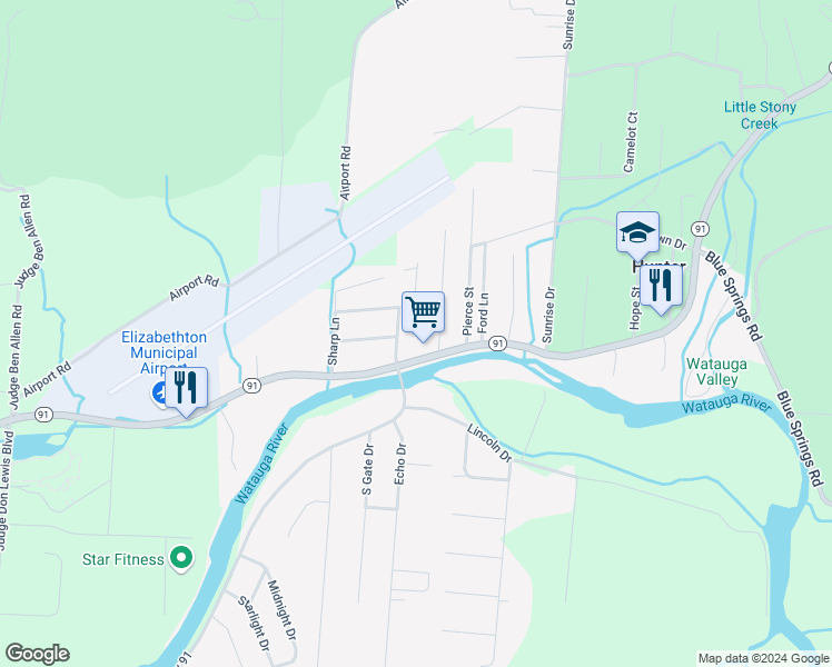 map of restaurants, bars, coffee shops, grocery stores, and more near 543 State Highway 91 in Elizabethton