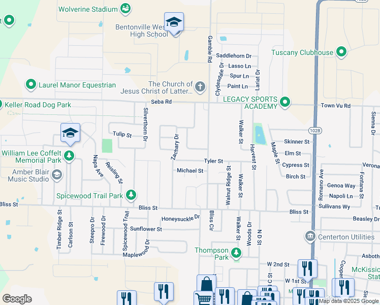 map of restaurants, bars, coffee shops, grocery stores, and more near 807 Tyler Street in Centerton
