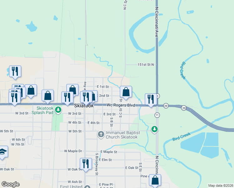 map of restaurants, bars, coffee shops, grocery stores, and more near 412 East 2nd Street in Skiatook