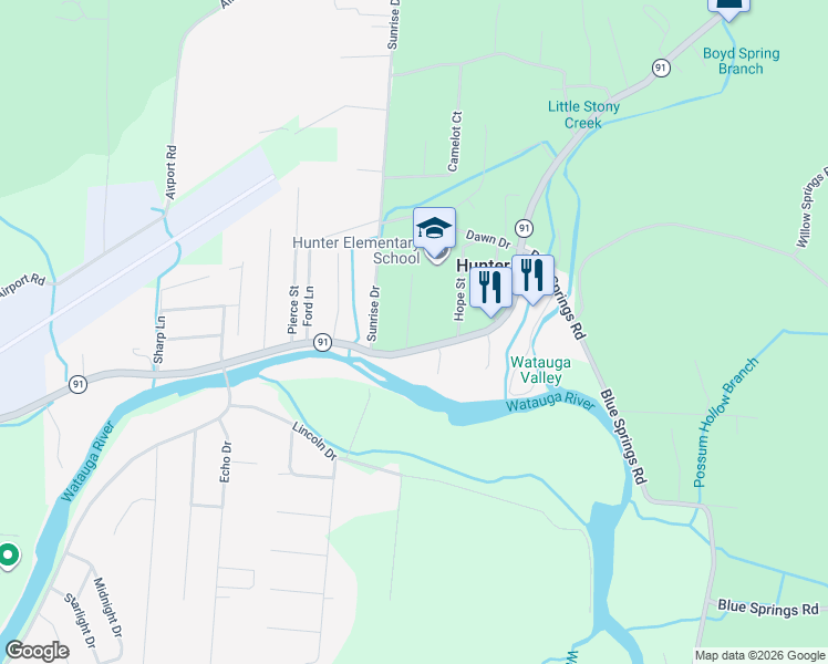 map of restaurants, bars, coffee shops, grocery stores, and more near 634 Tennessee 91 in Elizabethton