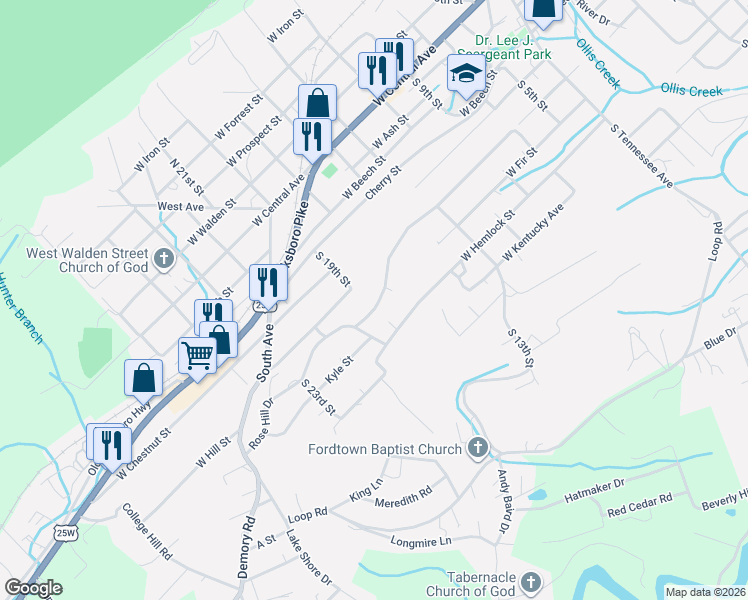 map of restaurants, bars, coffee shops, grocery stores, and more near 823 Rose Hill Drive in LaFollette