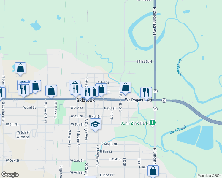 map of restaurants, bars, coffee shops, grocery stores, and more near 321 East 2nd Street in Skiatook