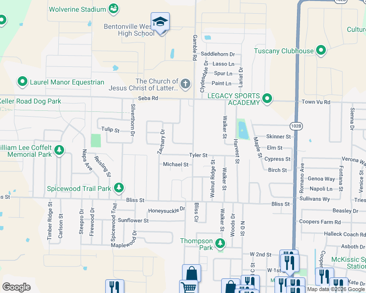 map of restaurants, bars, coffee shops, grocery stores, and more near 807 Tyler Street in Centerton