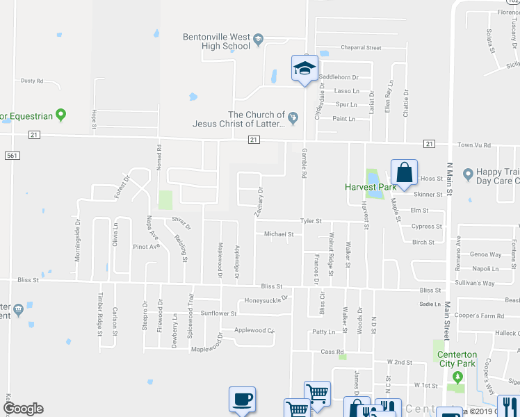 map of restaurants, bars, coffee shops, grocery stores, and more near 687 Zachary Drive in Centerton