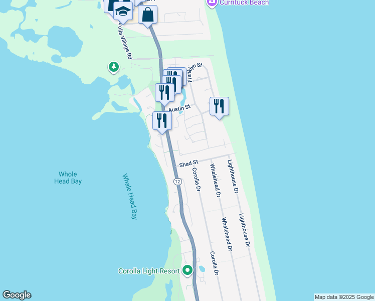 map of restaurants, bars, coffee shops, grocery stores, and more near 1129 Morris Drive in Currituck County