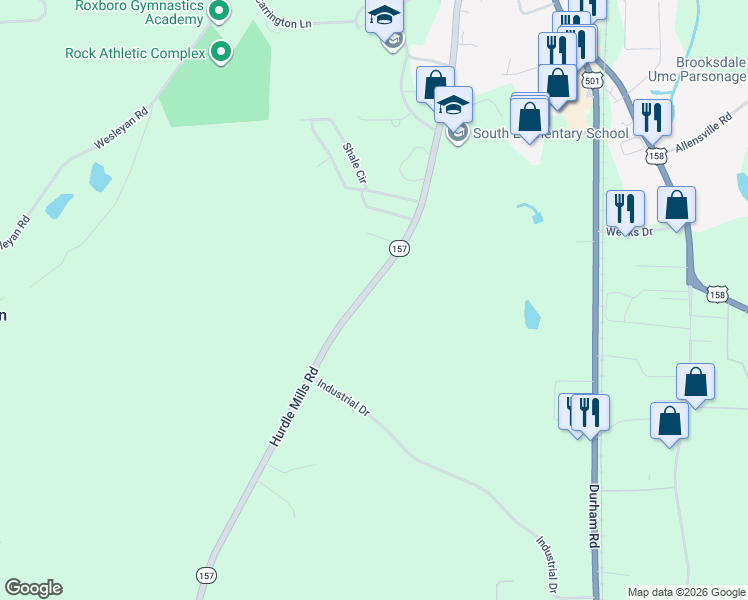 map of restaurants, bars, coffee shops, grocery stores, and more near 1084 Hurdle Mills Road in Roxboro