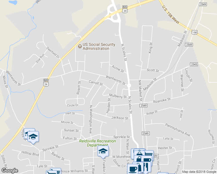 map of restaurants, bars, coffee shops, grocery stores, and more near 404 Carroll Street in Reidsville