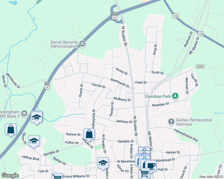 map of restaurants, bars, coffee shops, grocery stores, and more near 404 Carroll Street in Reidsville