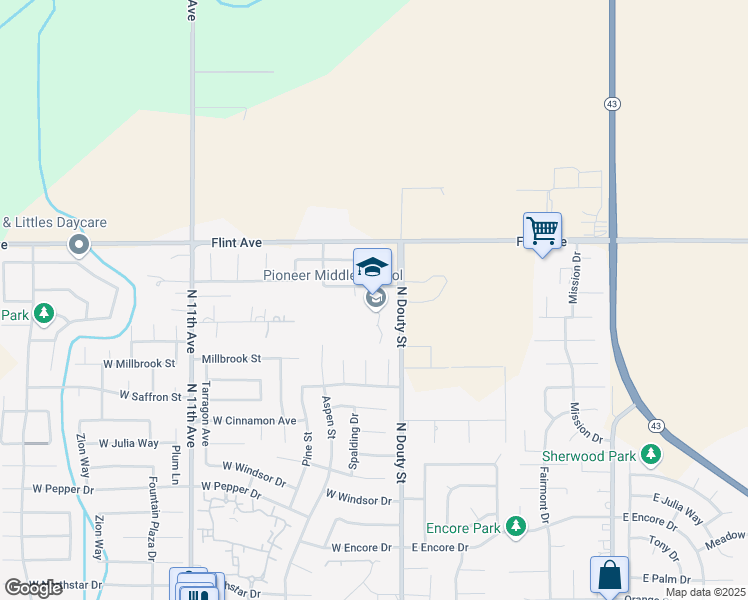 map of restaurants, bars, coffee shops, grocery stores, and more near 101 West Pioneer Way in Hanford