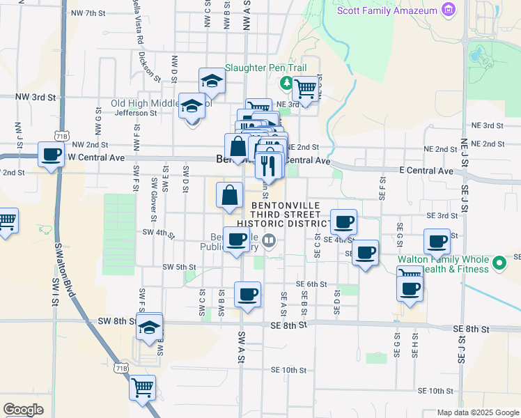 map of restaurants, bars, coffee shops, grocery stores, and more near 220 South Main Street in Bentonville