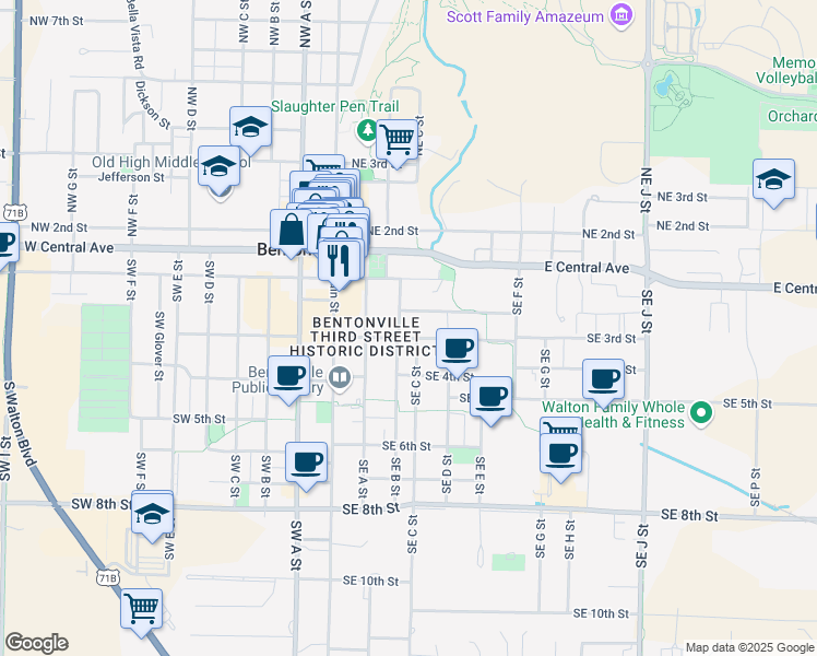 map of restaurants, bars, coffee shops, grocery stores, and more near 303 Southeast 3rd Street in Bentonville