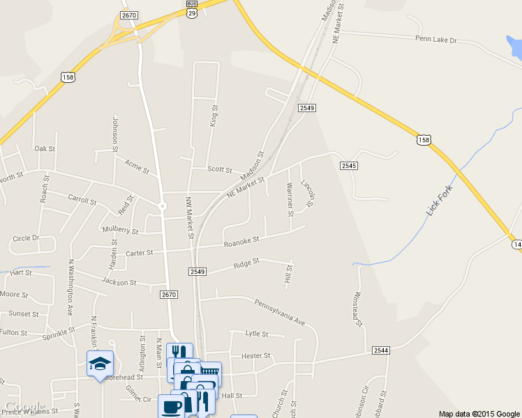 map of restaurants, bars, coffee shops, grocery stores, and more near 510 South Tipton Place in Reidsville