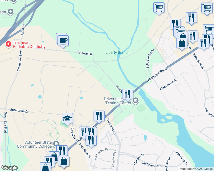 map of restaurants, bars, coffee shops, grocery stores, and more near 1300 Nashville Pike in Gallatin