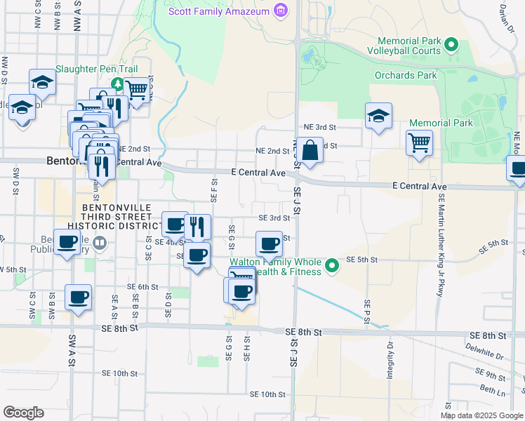 map of restaurants, bars, coffee shops, grocery stores, and more near 116 Southeast H Street in Bentonville