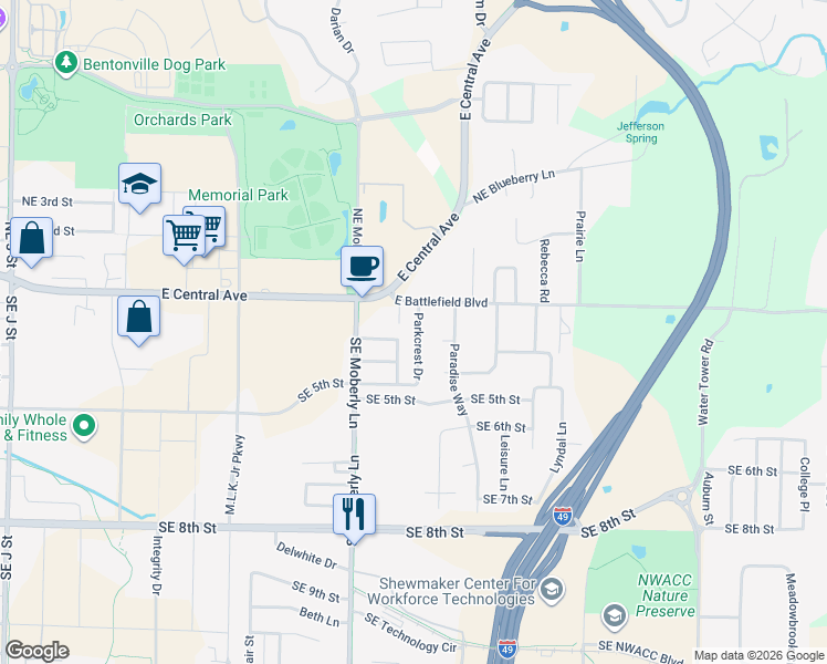 map of restaurants, bars, coffee shops, grocery stores, and more near 203 Parkcrest Drive in Bentonville