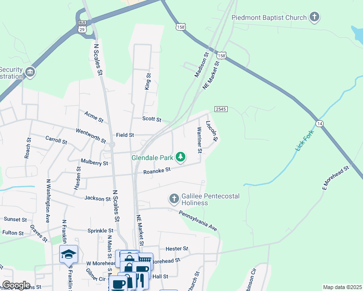 map of restaurants, bars, coffee shops, grocery stores, and more near 510 South Tipton Place in Reidsville