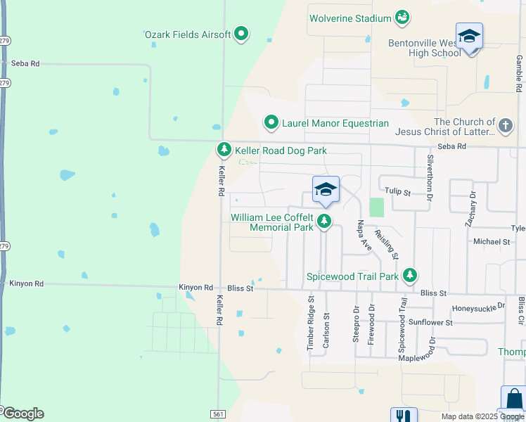 map of restaurants, bars, coffee shops, grocery stores, and more near 670 Morningside Drive in Centerton