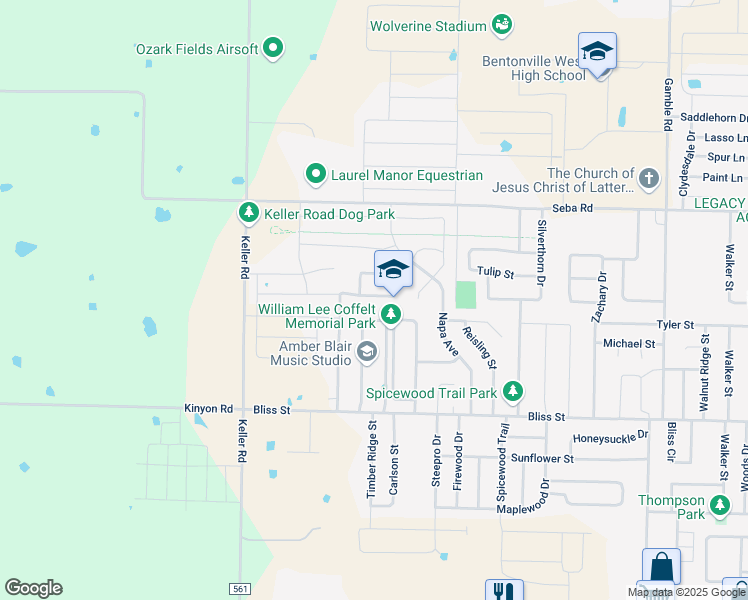 map of restaurants, bars, coffee shops, grocery stores, and more near 1550 Forest Drive in Centerton