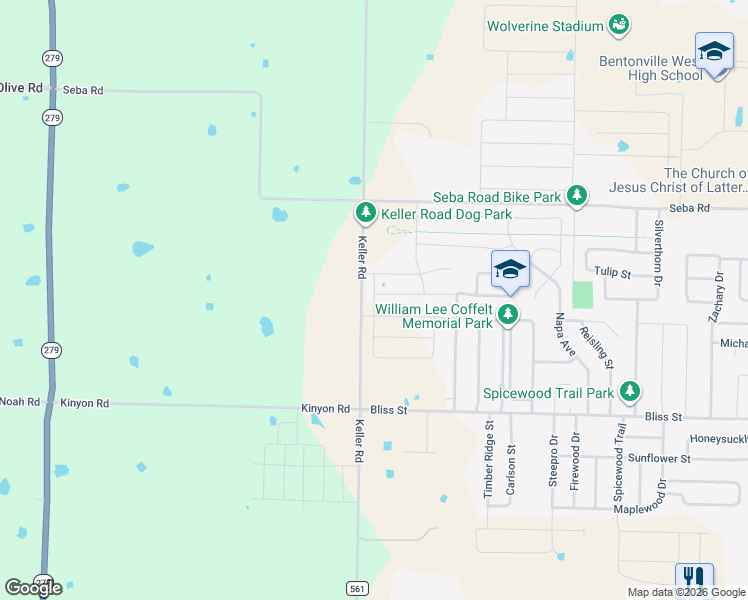 map of restaurants, bars, coffee shops, grocery stores, and more near Keller Road in Centerton