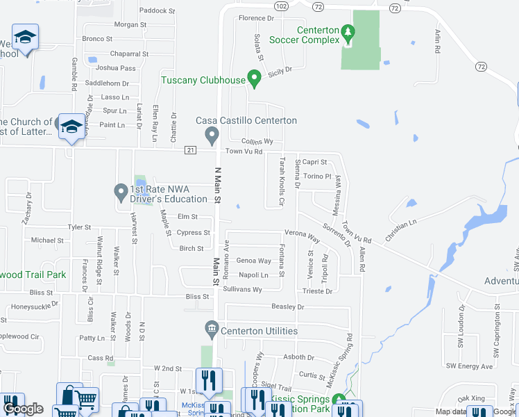 map of restaurants, bars, coffee shops, grocery stores, and more near 1020 Tarah Knolls Circle in Centerton