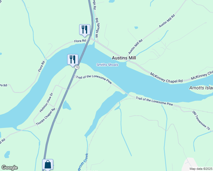 map of restaurants, bars, coffee shops, grocery stores, and more near Tennesse 70 in Rogersville