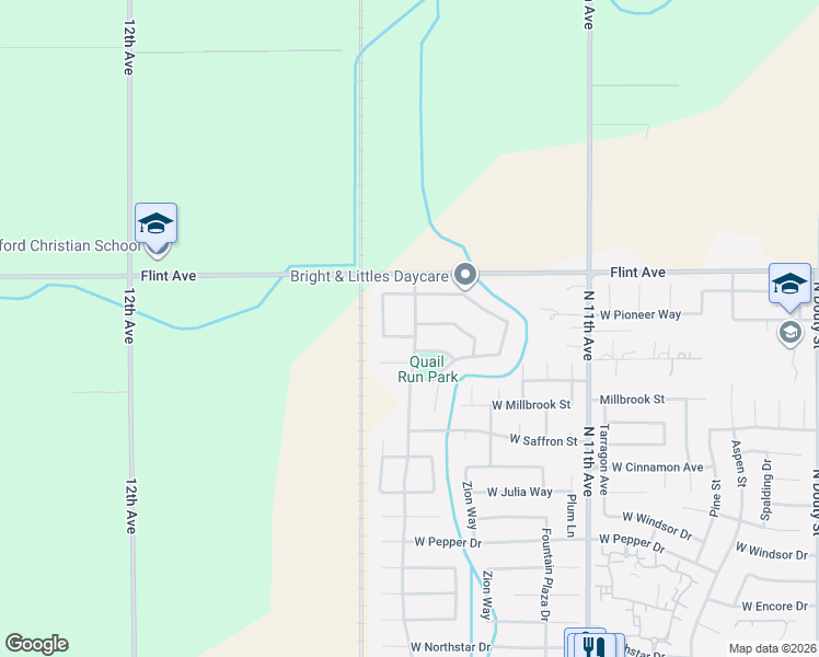 map of restaurants, bars, coffee shops, grocery stores, and more near 11251-11499 Flint Avenue in Hanford