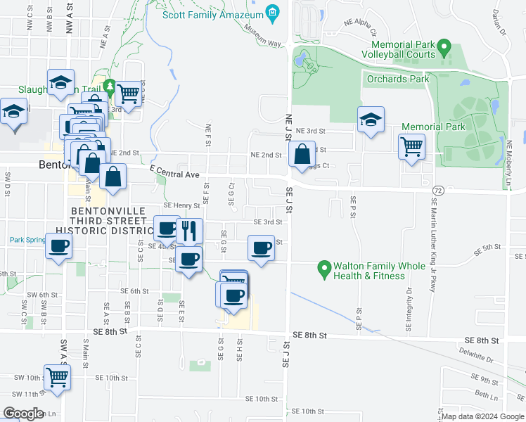 map of restaurants, bars, coffee shops, grocery stores, and more near 903 Southeast Brick Avenue in Bentonville