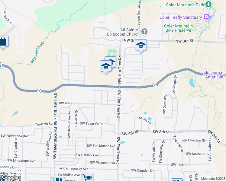 map of restaurants, bars, coffee shops, grocery stores, and more near 3401 Southwest 2nd Street in Bentonville