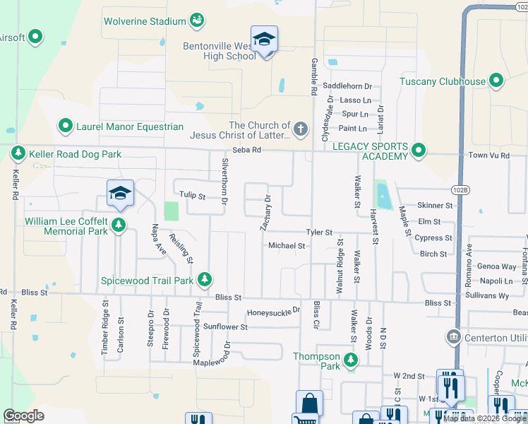 map of restaurants, bars, coffee shops, grocery stores, and more near 910 Zachary Drive in Centerton