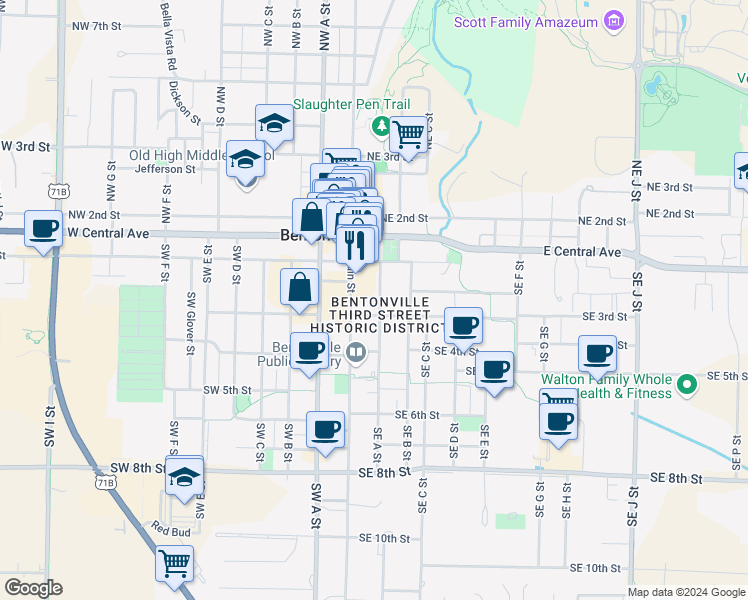 map of restaurants, bars, coffee shops, grocery stores, and more near 209 Southeast A Street in Bentonville