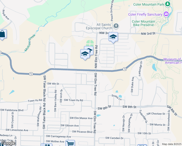 map of restaurants, bars, coffee shops, grocery stores, and more near 3401 Southwest 2nd Street in Bentonville