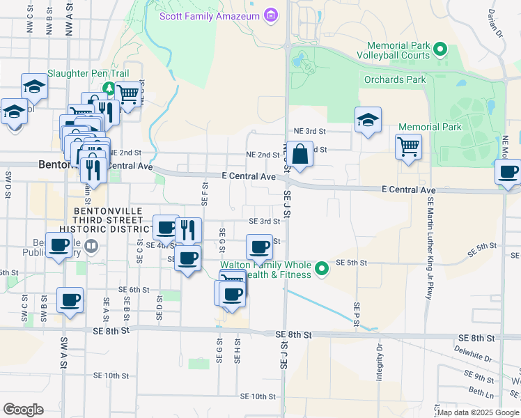 map of restaurants, bars, coffee shops, grocery stores, and more near 902 Southeast Brick Avenue in Bentonville
