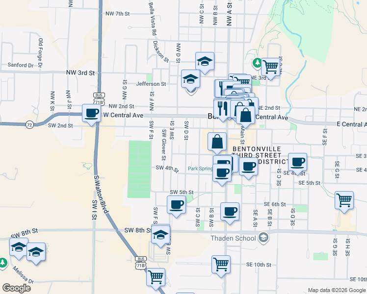 map of restaurants, bars, coffee shops, grocery stores, and more near 209 Southwest D Street in Bentonville