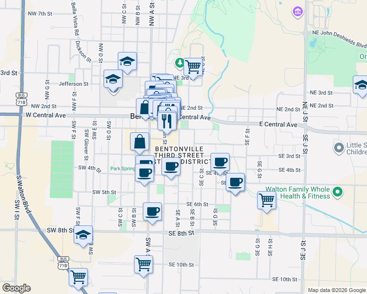 map of restaurants, bars, coffee shops, grocery stores, and more near 211 SE A St in Bentonville