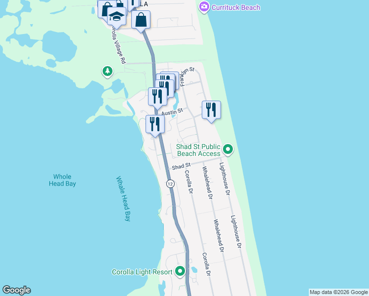 map of restaurants, bars, coffee shops, grocery stores, and more near 1142 Albemarle Court in Corolla