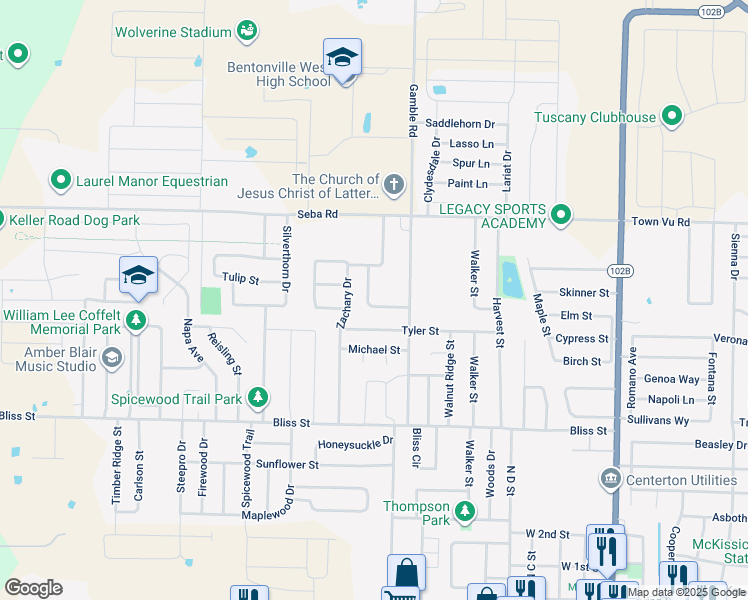 map of restaurants, bars, coffee shops, grocery stores, and more near 1011 Gamble Rd in Centerton