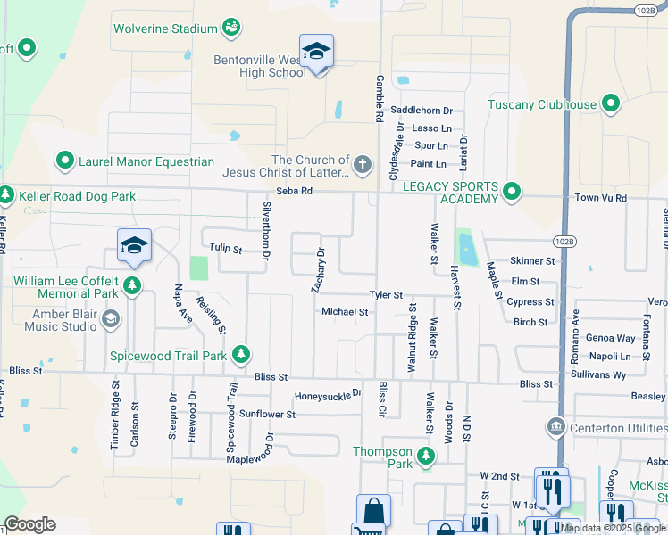 map of restaurants, bars, coffee shops, grocery stores, and more near 910 Zachary Drive in Centerton