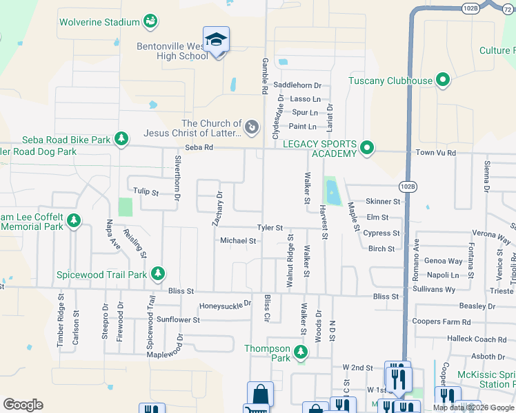 map of restaurants, bars, coffee shops, grocery stores, and more near 1011 Gamble Rd in Centerton