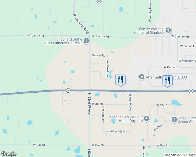 map of restaurants, bars, coffee shops, grocery stores, and more near 210 North Woodchuck Lane in Skiatook