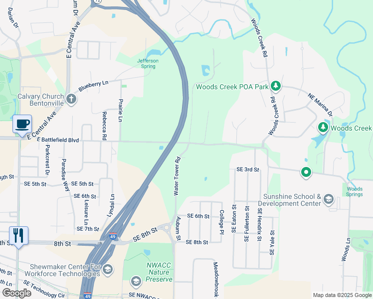 map of restaurants, bars, coffee shops, grocery stores, and more near 173 Water Tower Road in Bentonville