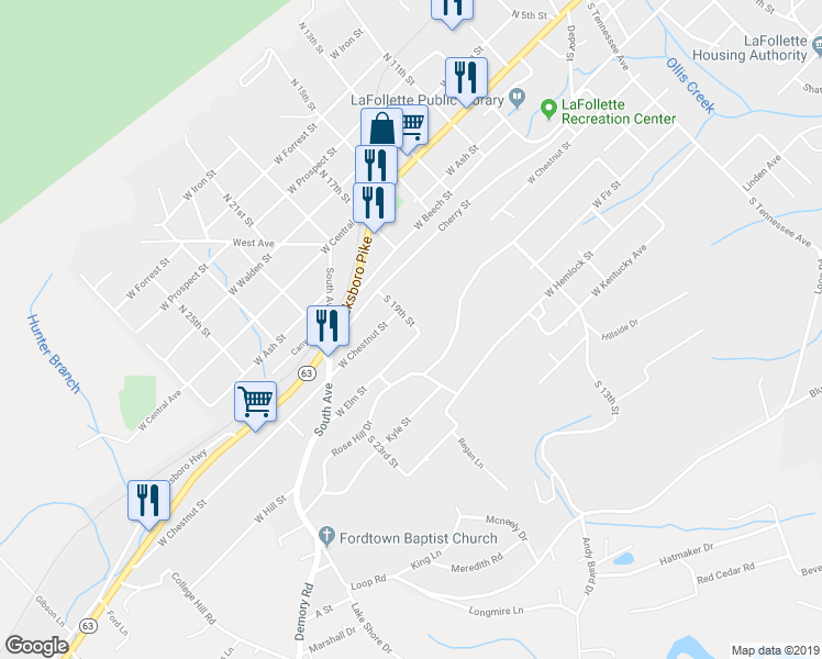 map of restaurants, bars, coffee shops, grocery stores, and more near 404 South 19th Street in LaFollette
