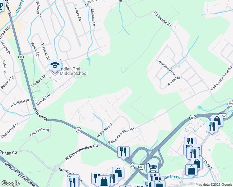 map of restaurants, bars, coffee shops, grocery stores, and more near 2 Rovan Court in Johnson City