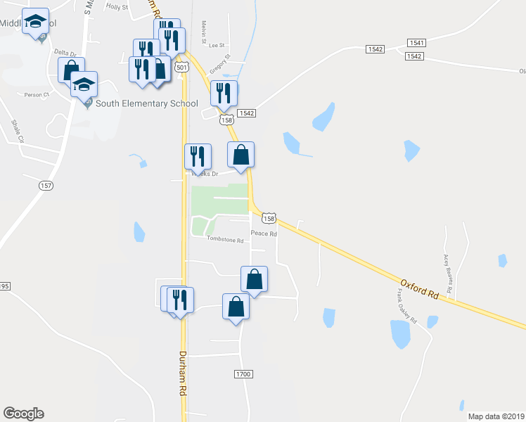 map of restaurants, bars, coffee shops, grocery stores, and more near 47 Oxford Road in Roxboro
