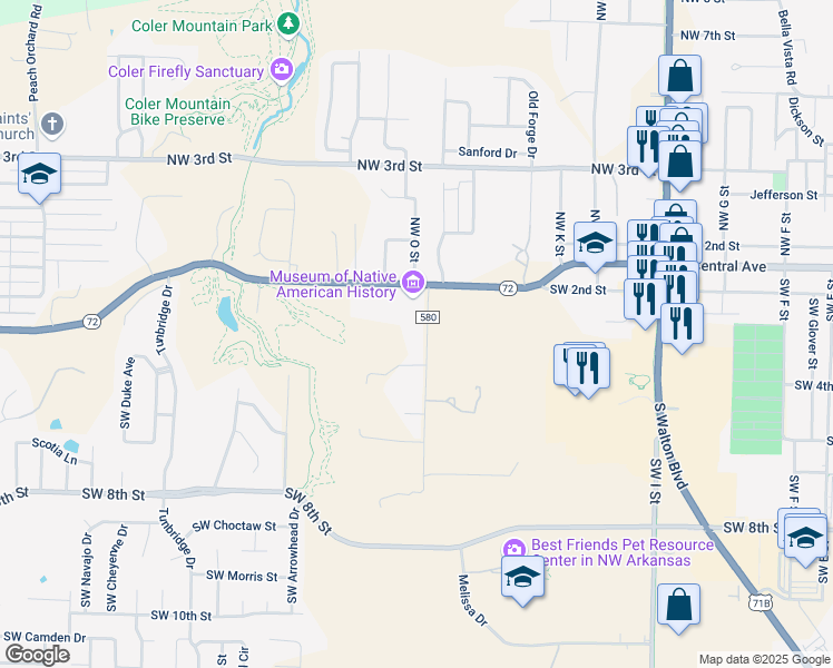 map of restaurants, bars, coffee shops, grocery stores, and more near 210 SW O St in Bentonville