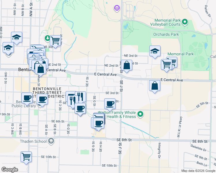 map of restaurants, bars, coffee shops, grocery stores, and more near 116 Southeast H Street in Bentonville