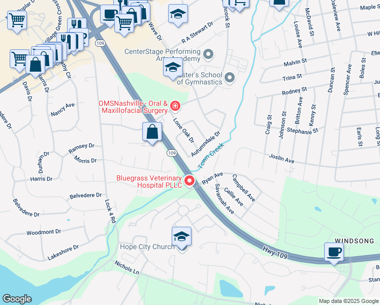 map of restaurants, bars, coffee shops, grocery stores, and more near 626 Autumndale Drive in Gallatin