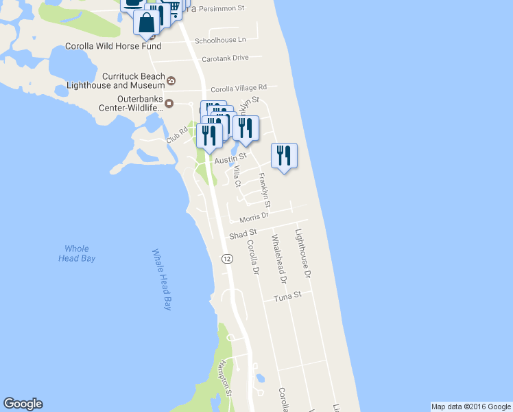 map of restaurants, bars, coffee shops, grocery stores, and more near 1124 Ocracoke Court in Corolla